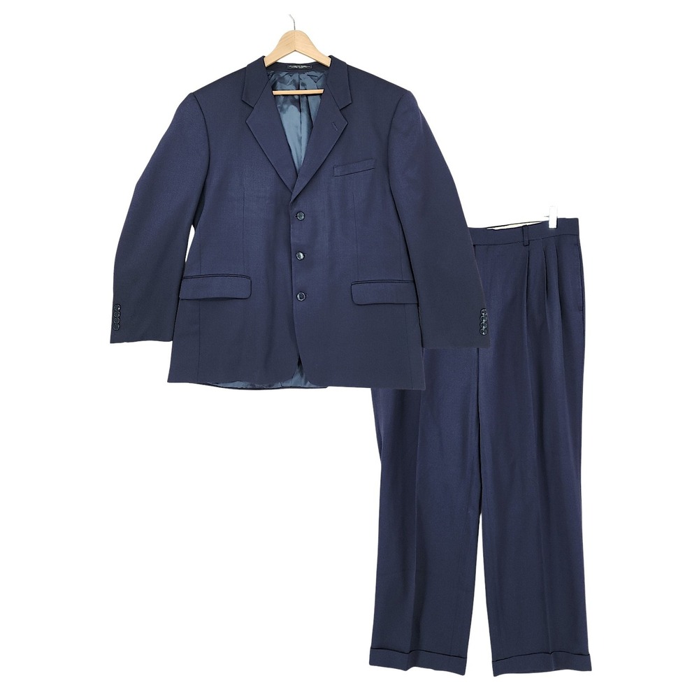 Jones New York Suit 46R Mens Navy Blue Wool 2 Piece Pleated Cuffed Professional‎